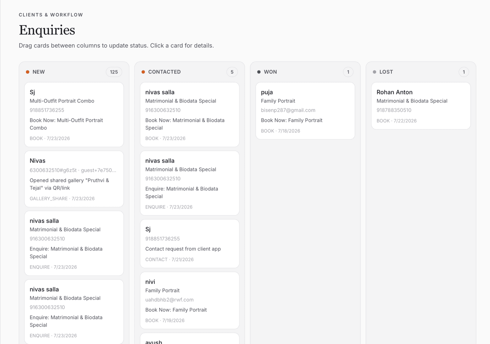Pixara enquiries board with New, Contacted, Won, and Lost columns